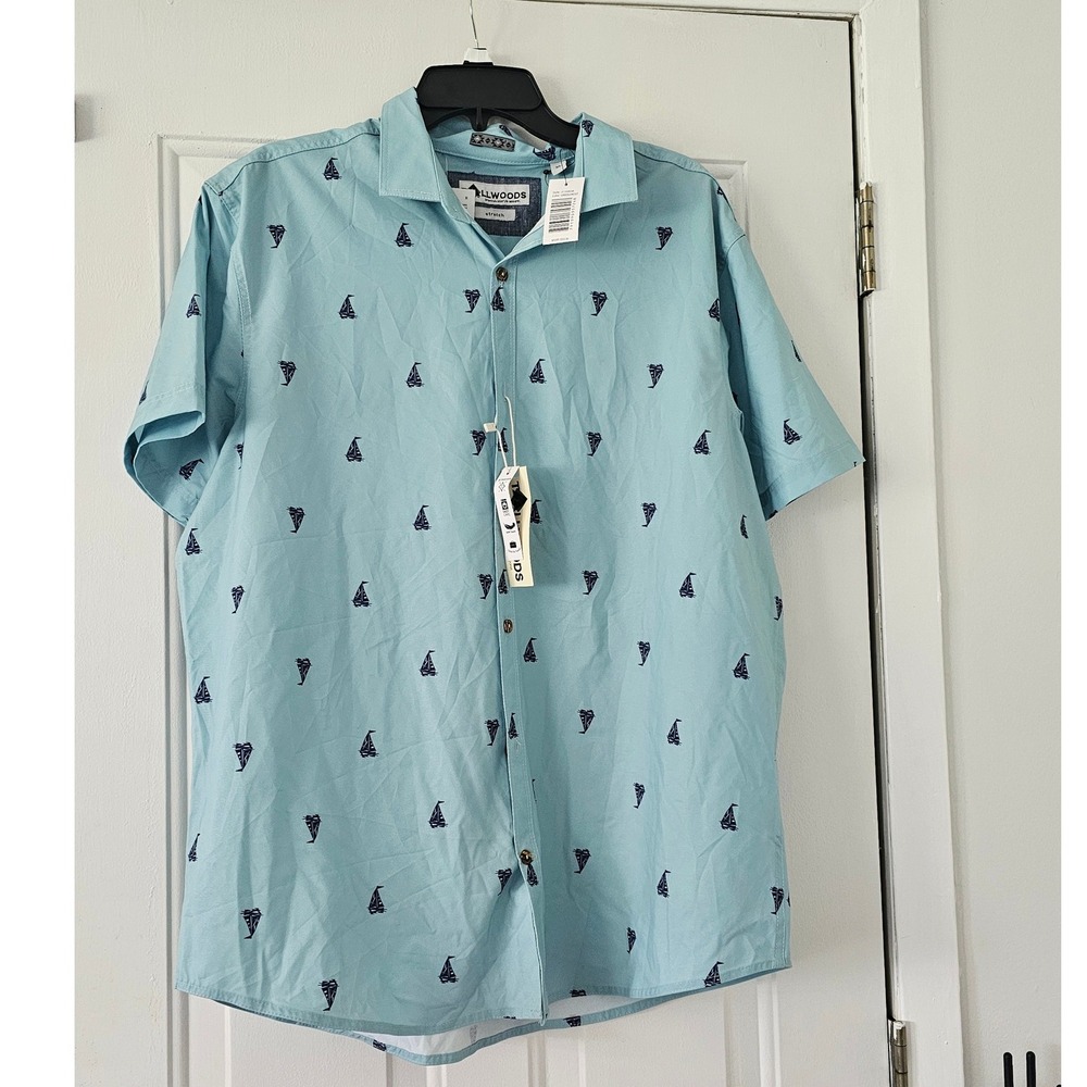Tallwoods Button Up Shirt Mens XL Light‎ Blue New Sailboat Print 4-Way Stretch